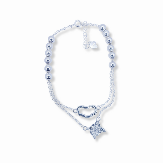 PULSERA DOBLE CON ESFERAS,CORAZÓN ORGANICO Y ESTRELLAS TEXTURIZA