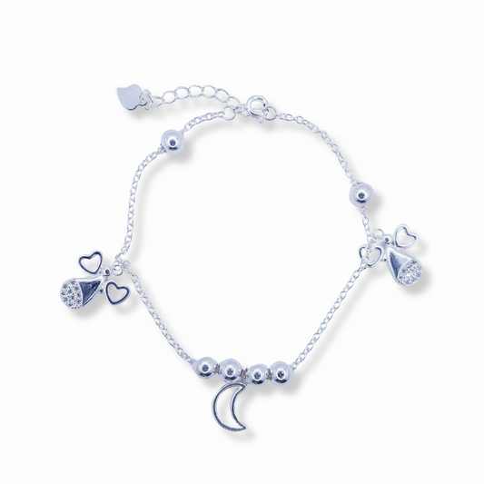 PULSERA CON MEDIA LUNA CENTRAL Y CORAZONES