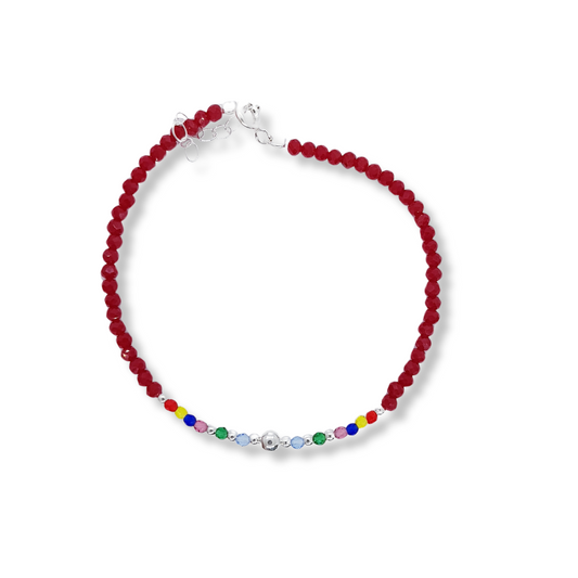 PULSERAS DE CRISTALES ROJOS CON DETALLES MULTICOLOR