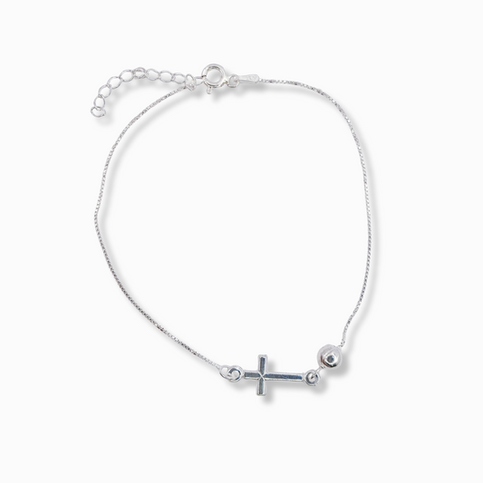 PULSERA CON CRUZ CENTRAL Y ESFERA DE PLATA