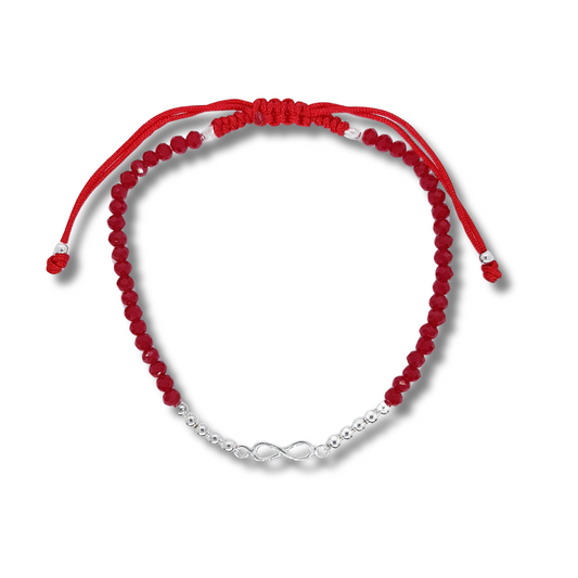PULSERA DE CRISTALES ROJA CON INFINITO DE PLATA